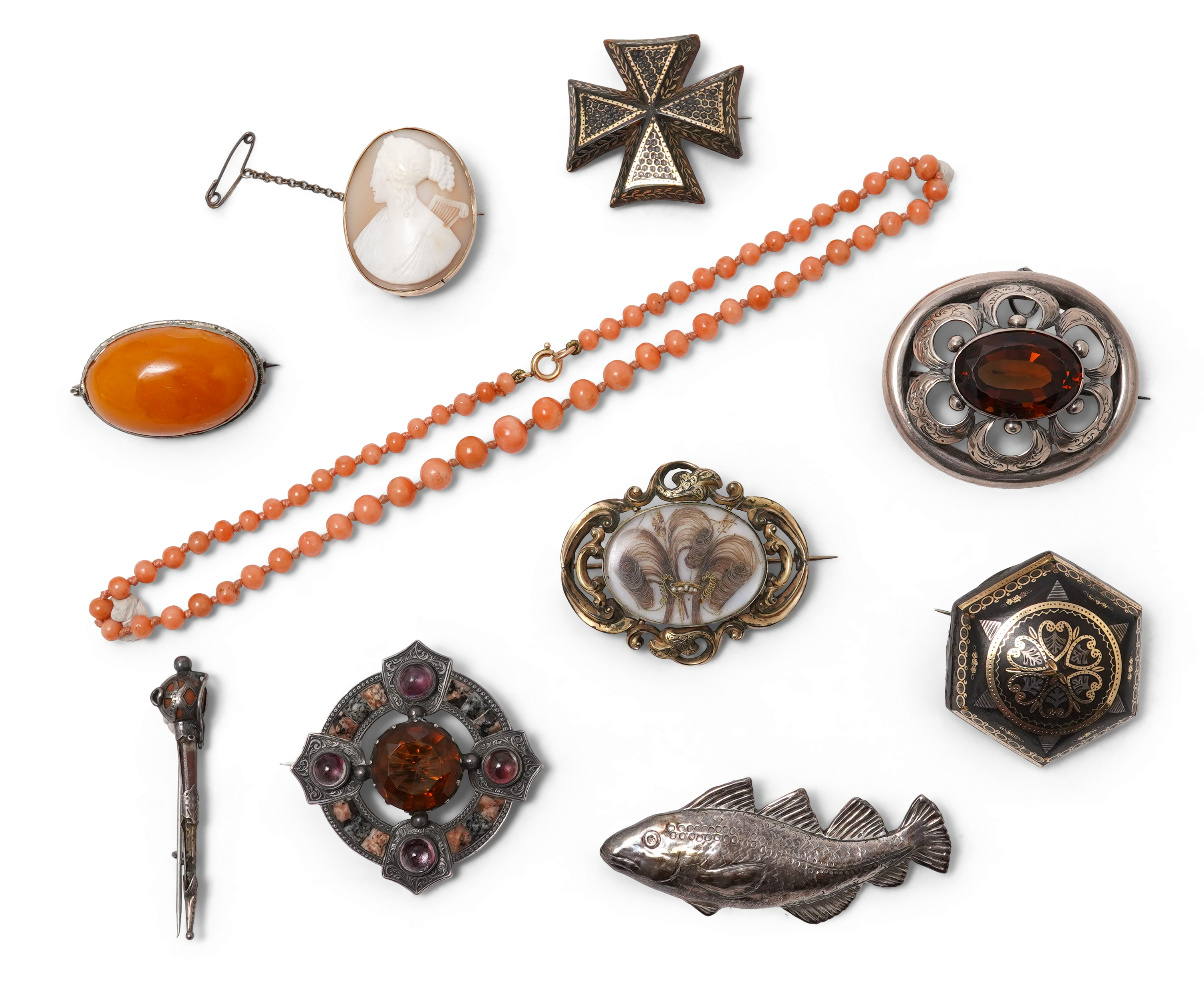 A collection of jewels including a coral necklace